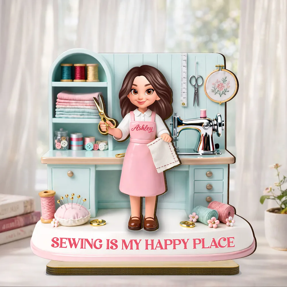 Personalized 2-Layer Wooden Plaque Sewing Is My Happy Place Cute Cartoon Sewing Room Scene, Unique Gift for Mom or Grandma