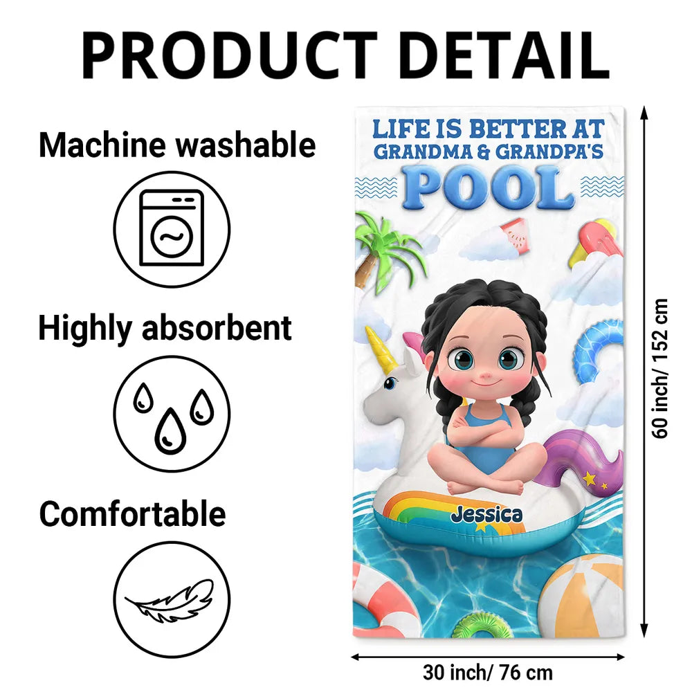 Custom Beach Towel for Grandchildren – 'Life Is Better at Grandma & Grandpa’s Pool', Fun Summer Gift