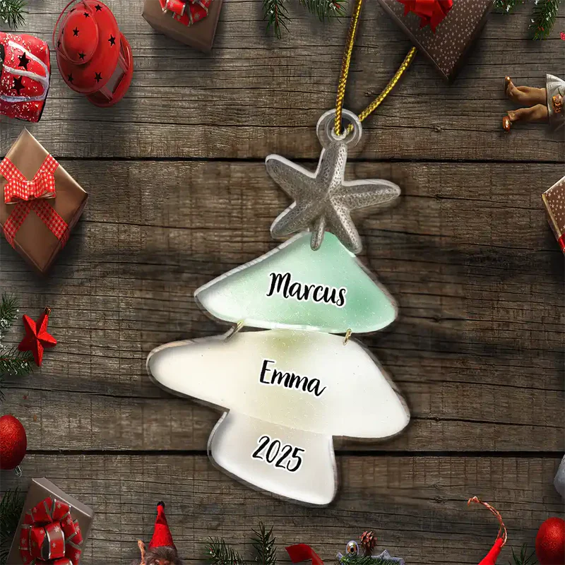 Acrylic Ornament, Personalized Sea-Glass Tree for Christmas Decor, Coastal Aqua Glow, a unique family gift
