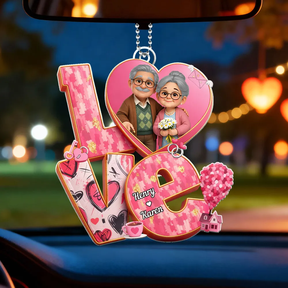Personalized Acrylic Car Hanger, Cute Elderly Couple in Heart LOVE Design, Sweet Rearview Mirror Decor, Unique Gift for Couples