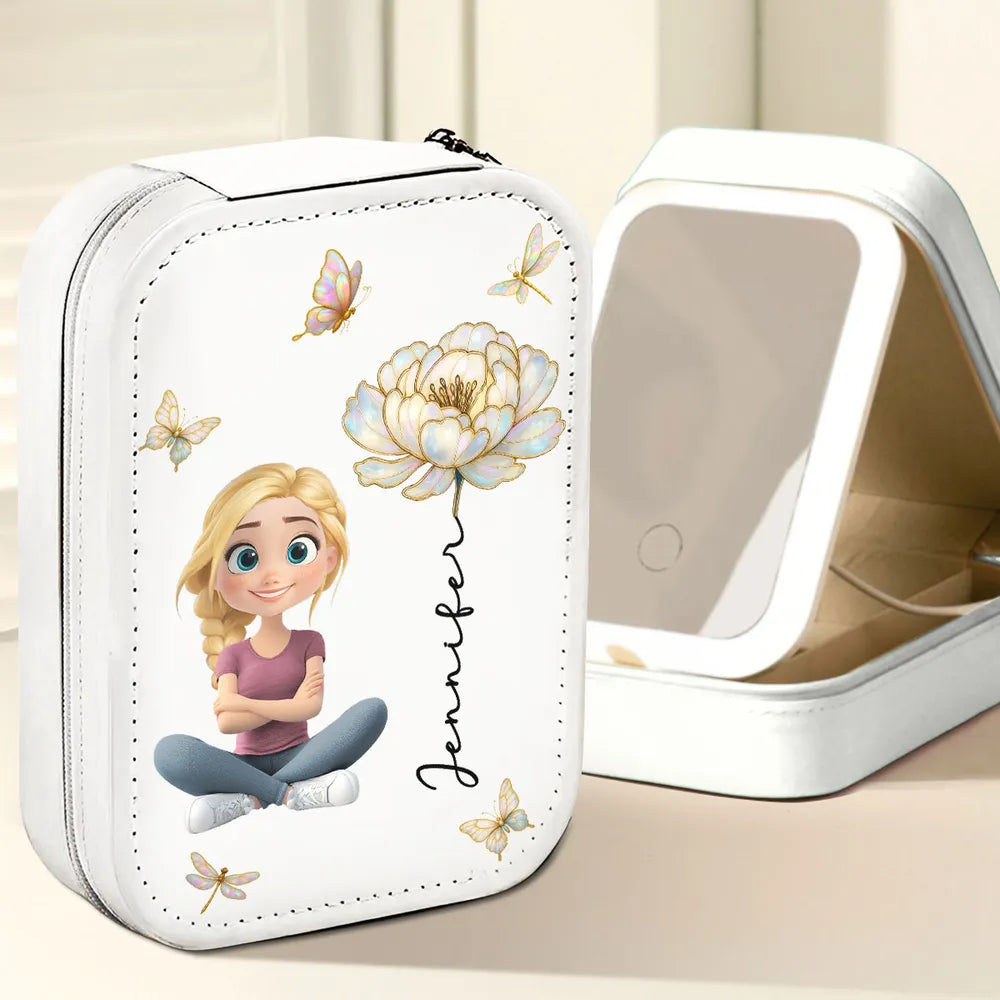 Custom Leather LED Makeup Case Jewelry Box with Name & Blooming Flower β Adorable Personalized Gift for Daughter or Best Friend