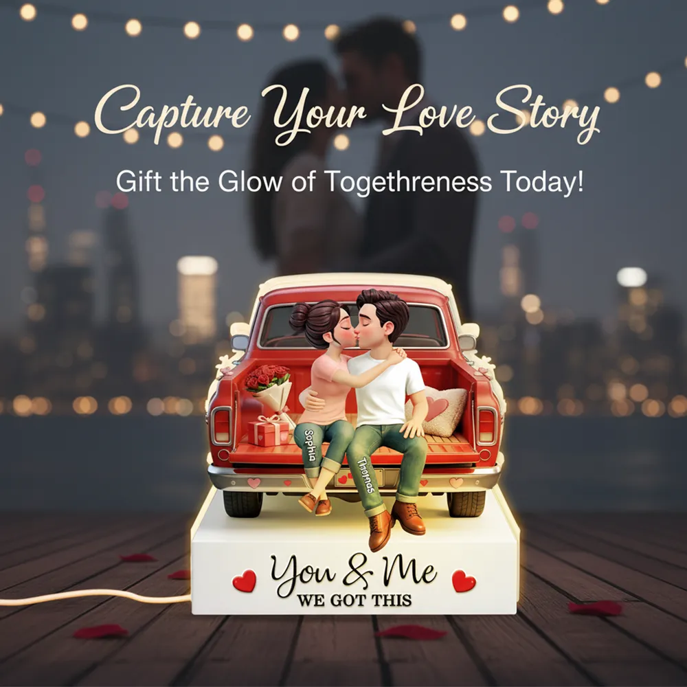 Personalized Couple Kissing in Red Truck Acrylic Light Box, Warm Glow Bedroom Decor, Unique Romantic Gift for Him or Her