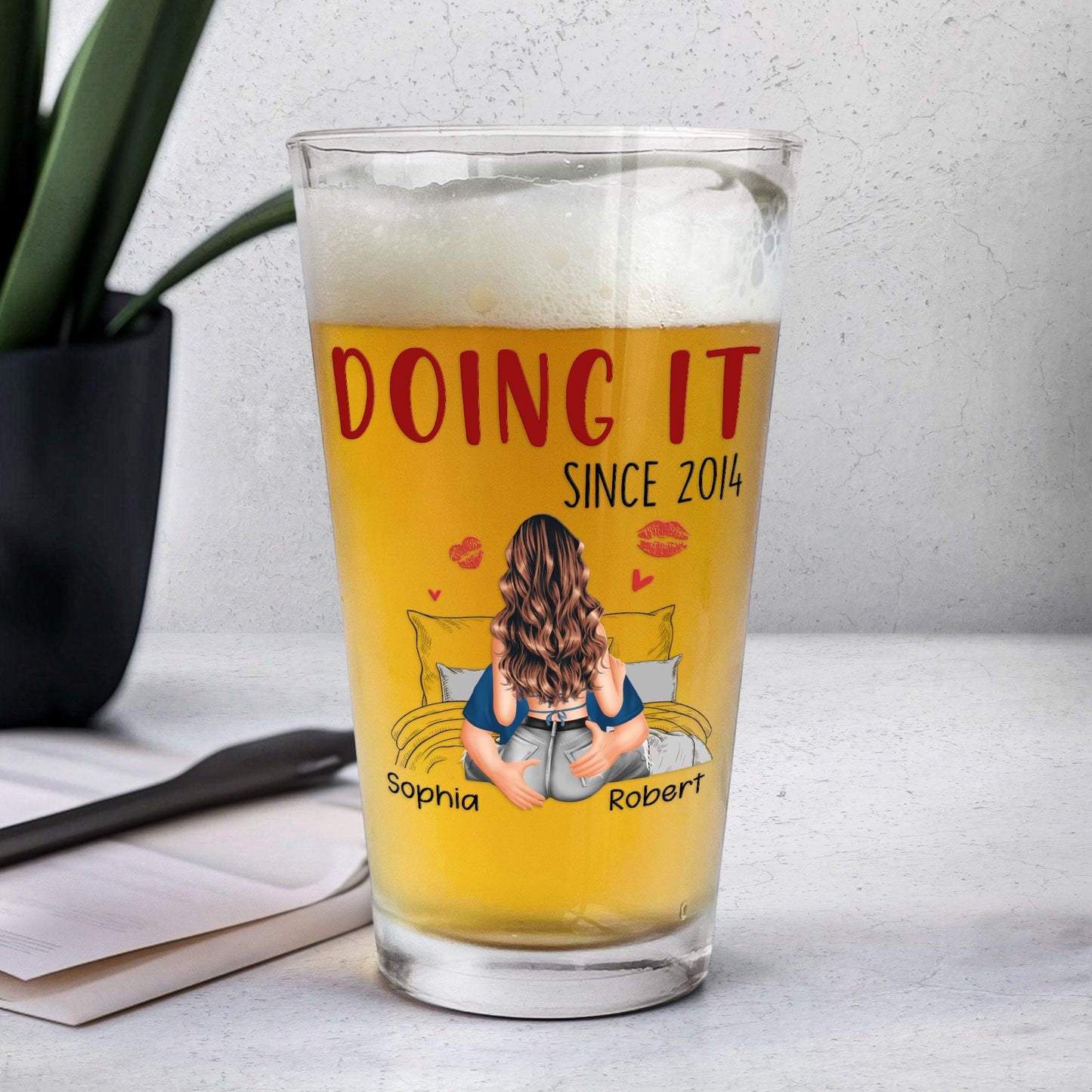 Congrats On Being My Husband Personalized Beer Glass, Cheeky Love Quote Gift For Him With Heart And Kiss Marks