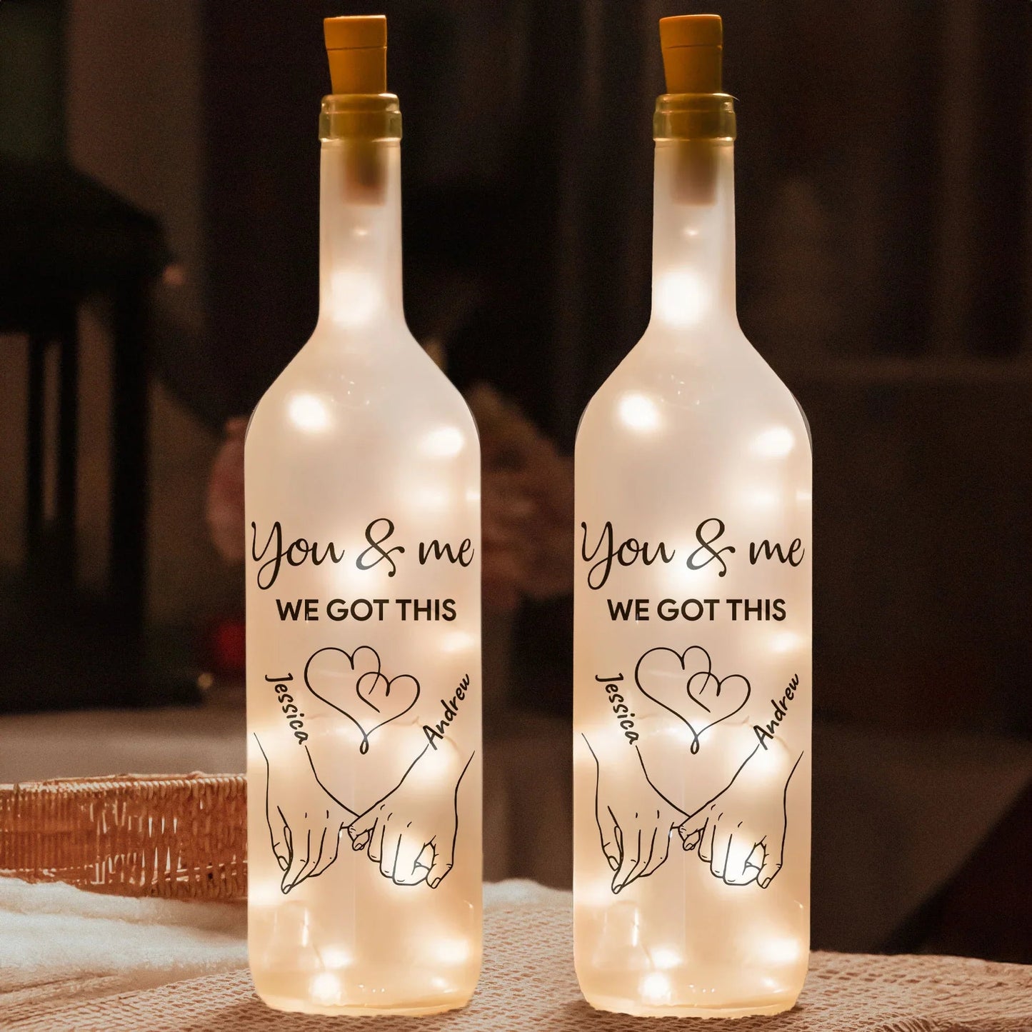 Personalized You & Me Bottle Lamp with Hand-Holding Line Art for Bedroom Decor Warm Glow Unique Gift for Couples