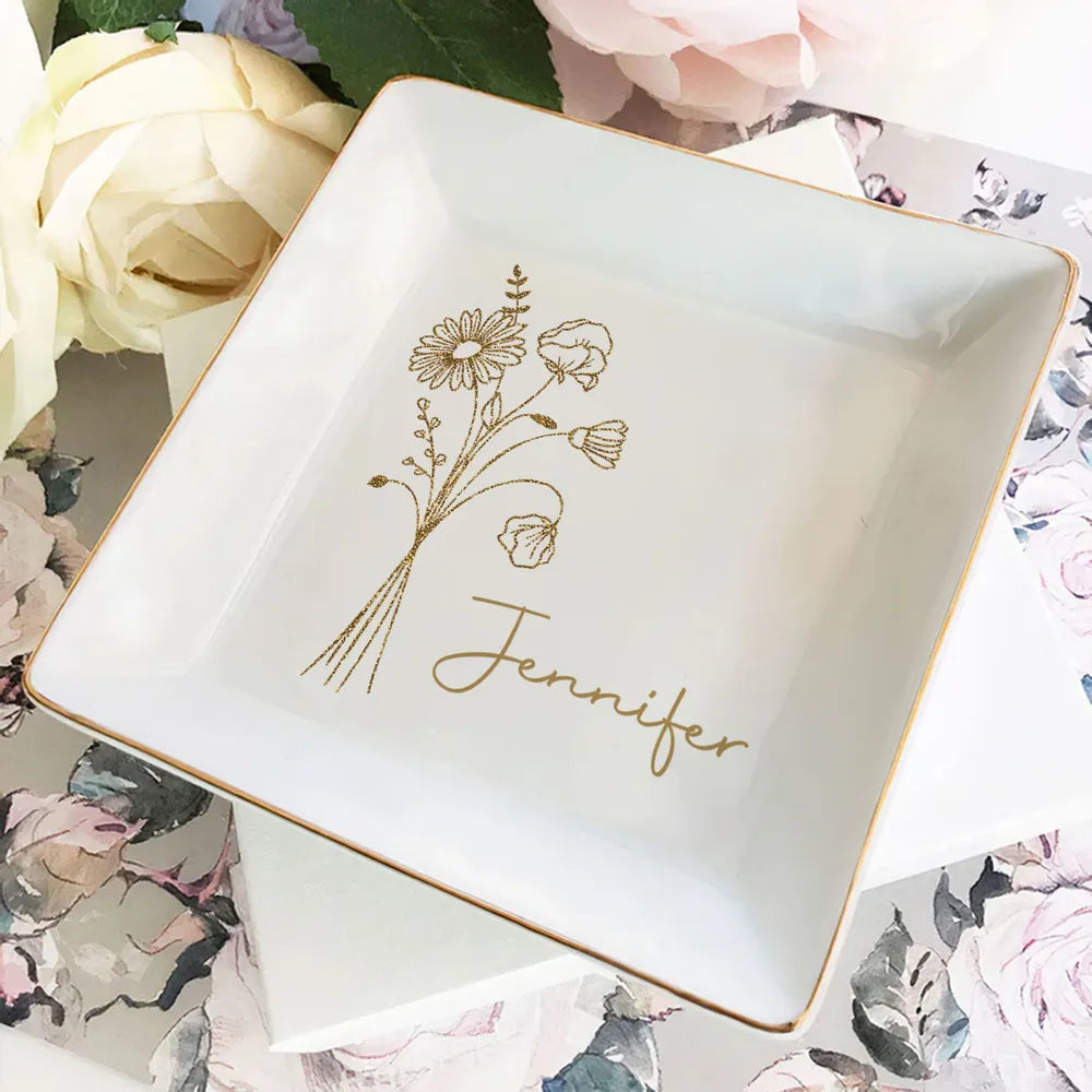 Elegant Jewelry Dish Personalized with Name, Minimal Gold Bouquet Vanity Catchall, Thoughtful Sentimental Gift