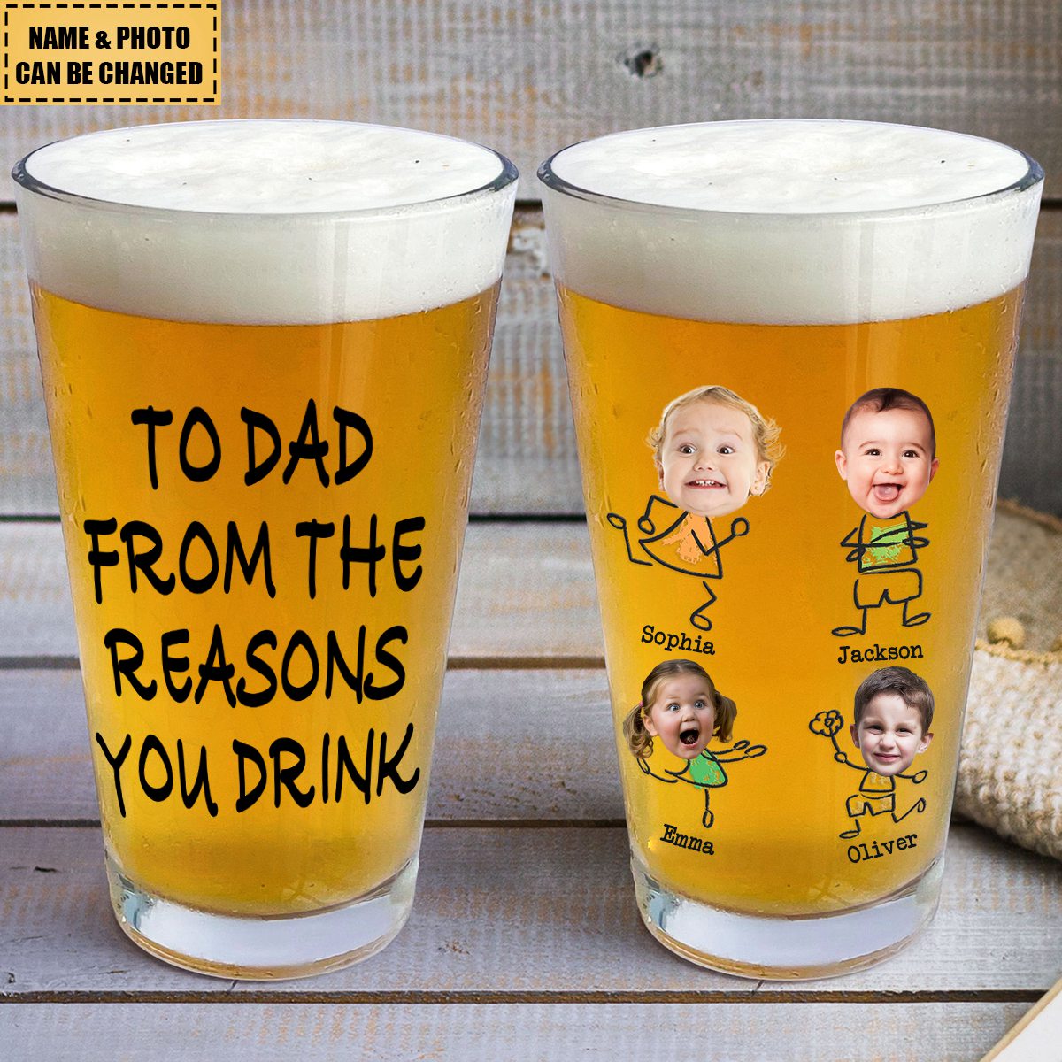 To Dad From the Reasons You Drink – Funny Custom Beer Glass with Kids’ Photos