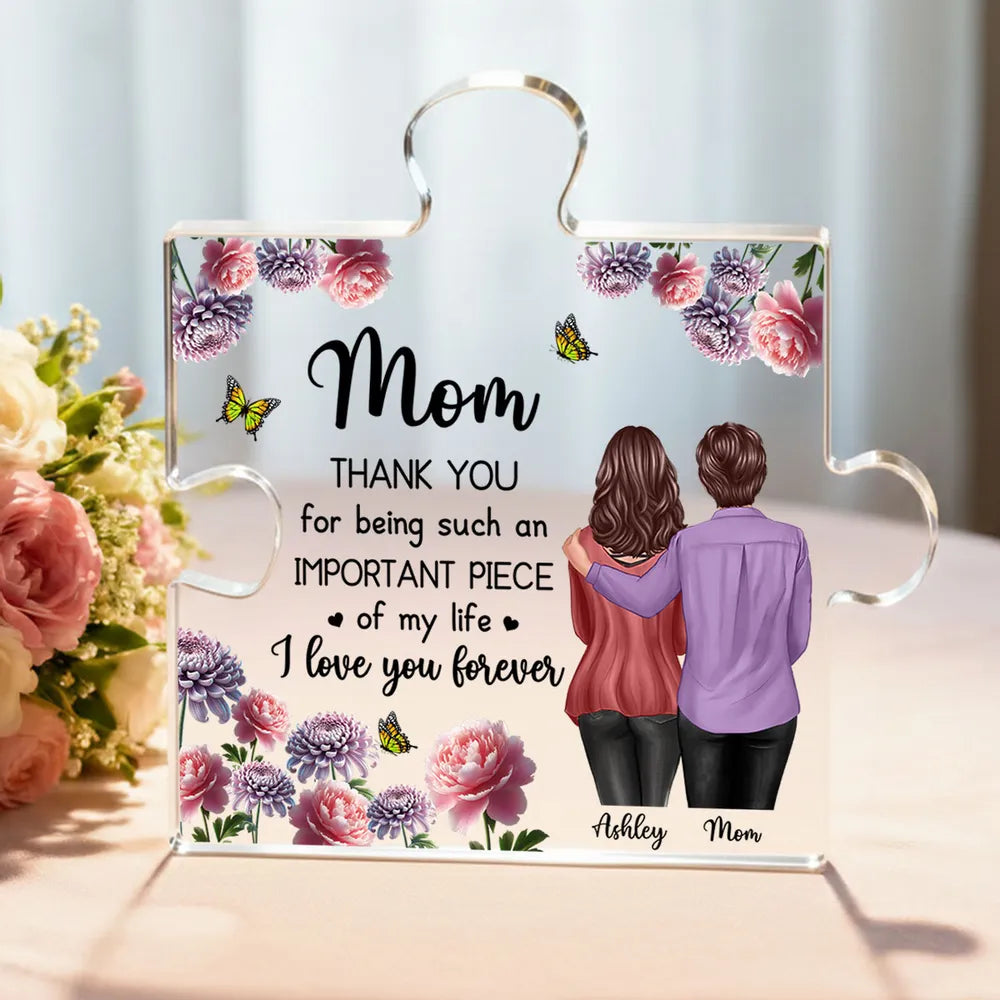 Personalized Shaped Acrylic Block Plaque for Mom, Puzzle Piece Love Quote, Floral Butterfly Design, Unique Gift