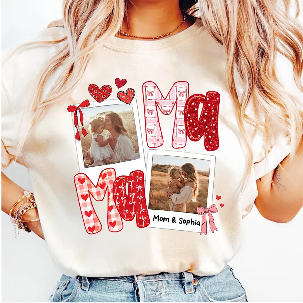 Custom Mama Classic Tee with Mom and Child Hugging Photos Red Valentine Style Hearts A Heartwarming Unique Gift