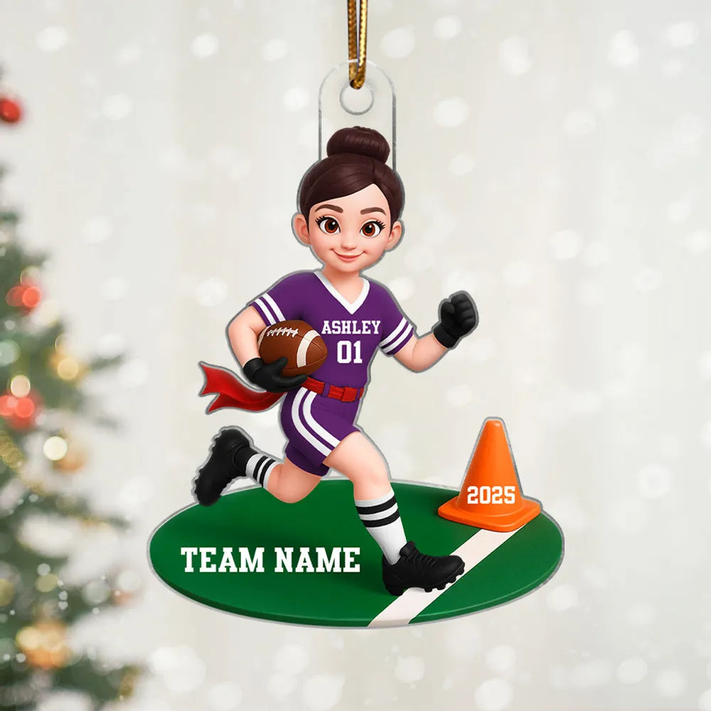 Acrylic Ornament Personalized Flag Football Kid Running on Field, Unique Christmas Tree Gift for Son