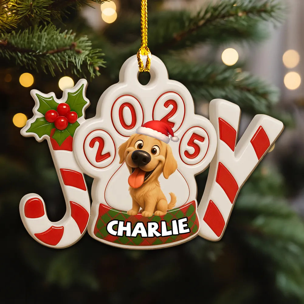 Acrylic Ornament JOY Paw Print with Cute Dog - Christmas Decor, Heartwarming Keepsake, Unique Gift for Pet Owners