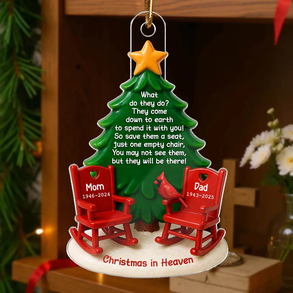 Acrylic Ornament Christmas in Heaven – Red Rocking Chairs & Tree Design, Touching Memorial Gift for Parents or Family