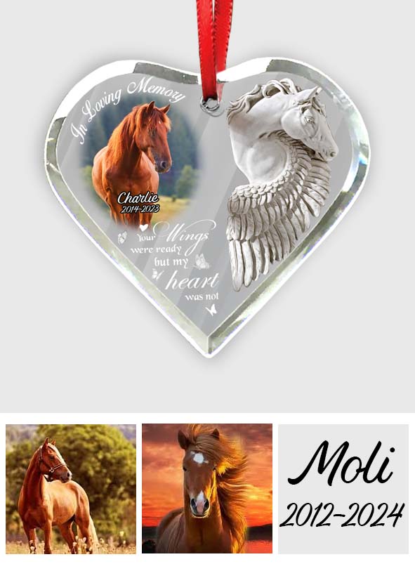 In Loving Memory Horse With Wings - Personalized Horse Heart Shaped Glass Ornament
