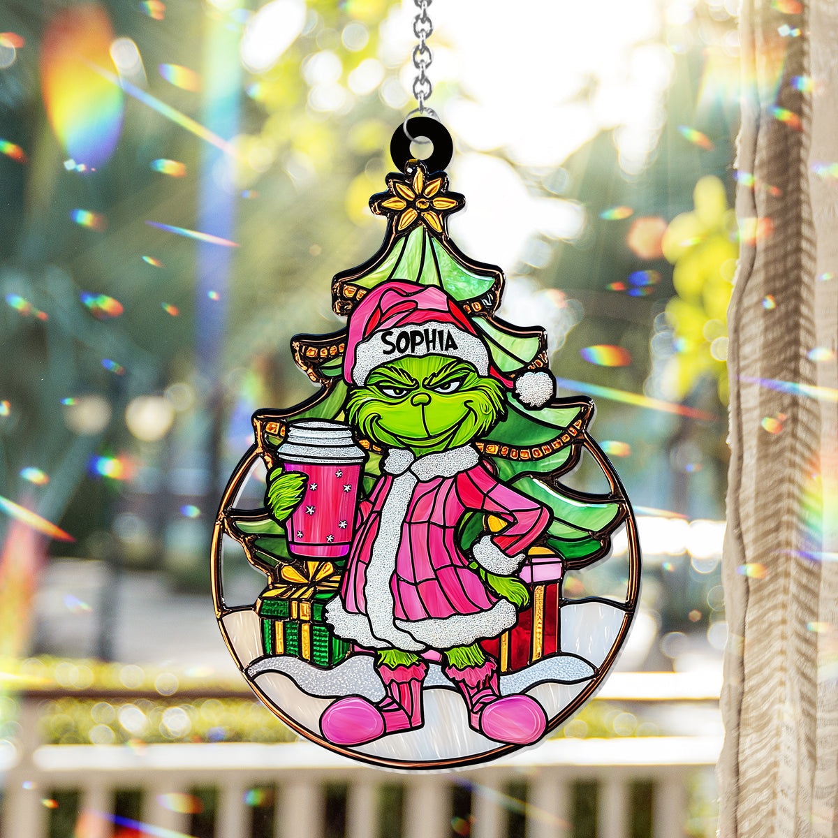 Grinchy Green Lady - Personalized Stole Christmas Window Hanging Suncatcher Ornament