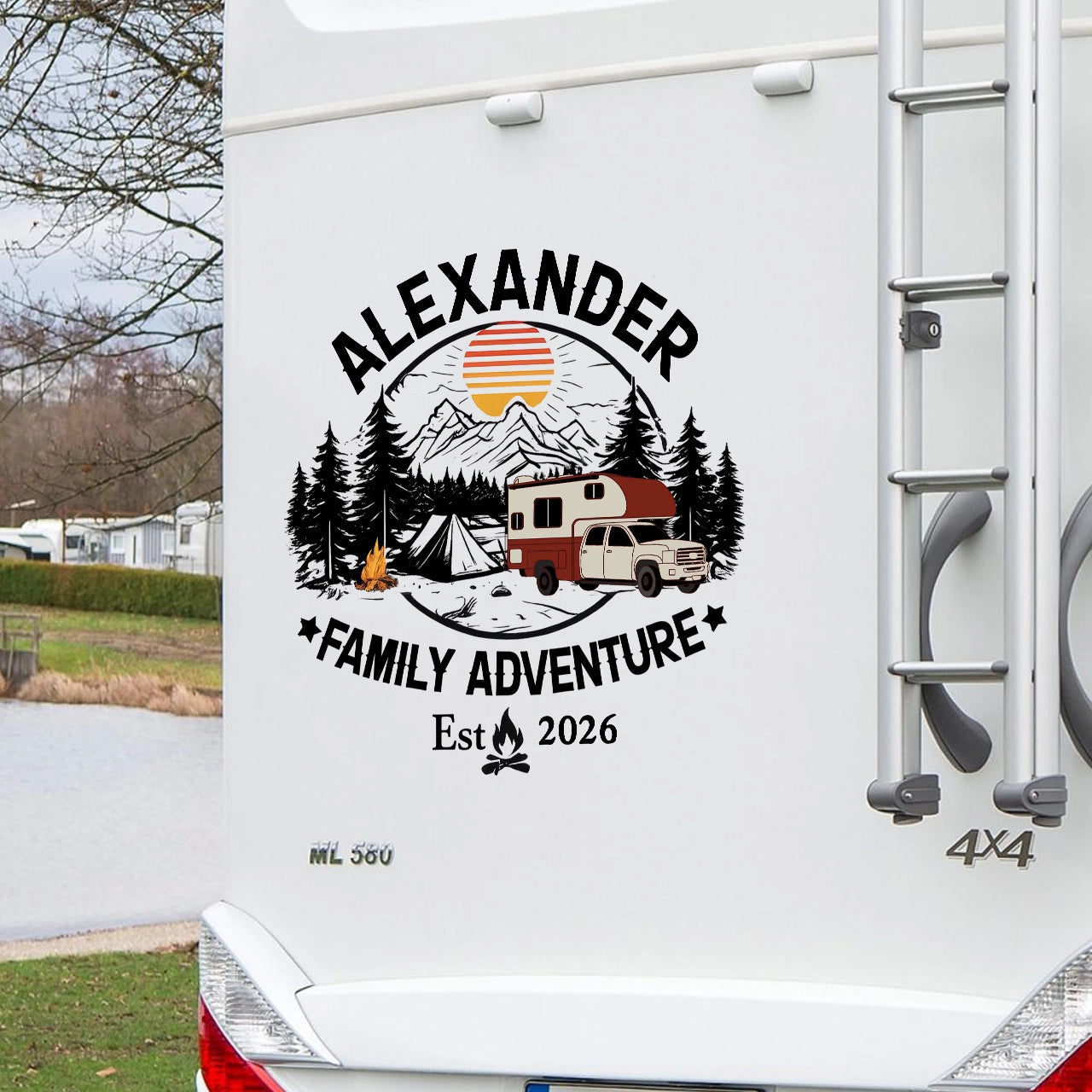 Personalized Family Adventure Sticker Decal for RV or Camper, Mountain Sunset Camping Scene, Unique Custom Gift