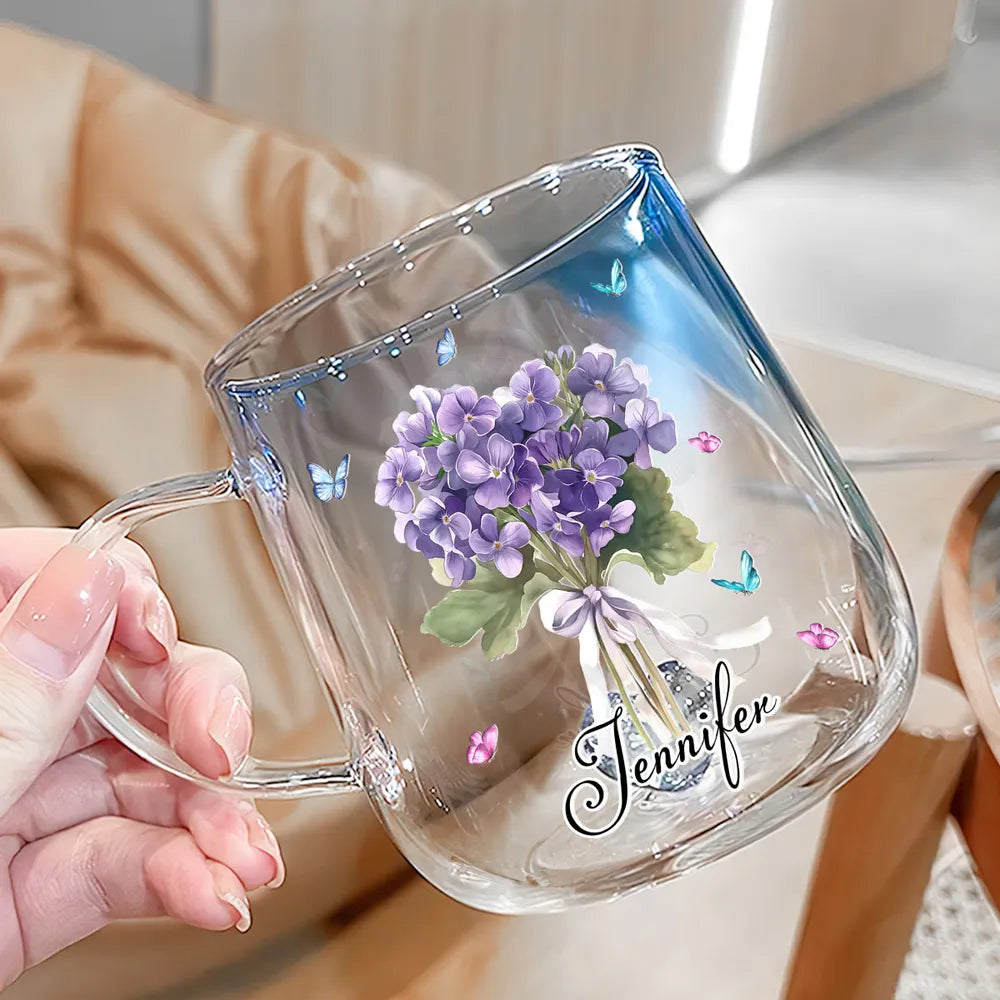 Blue Gradient Glass Mug with Floral Bouquet and Butterflies, Personalized Name Gift for Her, Everyday Coffee or Tea