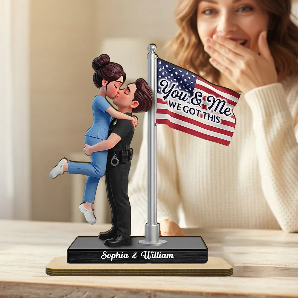 Personalized 2-Layer Wooden Plaque Hero Couple Kissing by US Flag You & Me We Got This Unique Gift for Him or Her