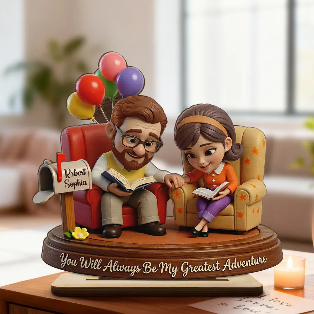 Personalized 2-Layer Wooden Plaque Reading Couple Scene With Greatest Adventure Quote - Unique Anniversary Gift For Husband Or Wife