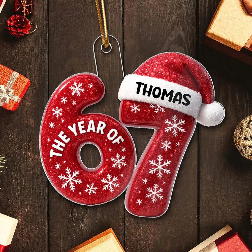 Personalized Acrylic Ornament 67 with Santa Hat Design, Custom Christmas Tree Decor, Festive Keepsake and Unique Holiday Gift