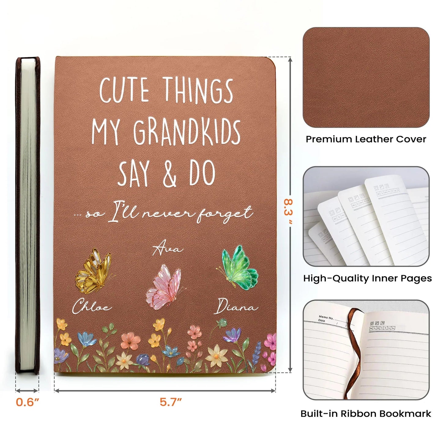 Personalized Leather Journal Cute Things My Grandkids Say & Do Butterfly Floral Design Unique Gift For Grandma
