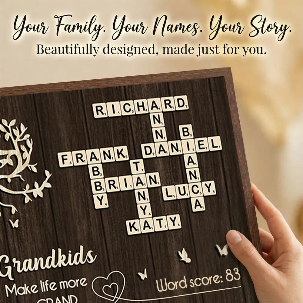Personalized Grandkids Poster with Family Tree & Crossword Names β Custom Wall Art Gift for Grandma & Grandpa, Unique Home Decor Keepsake