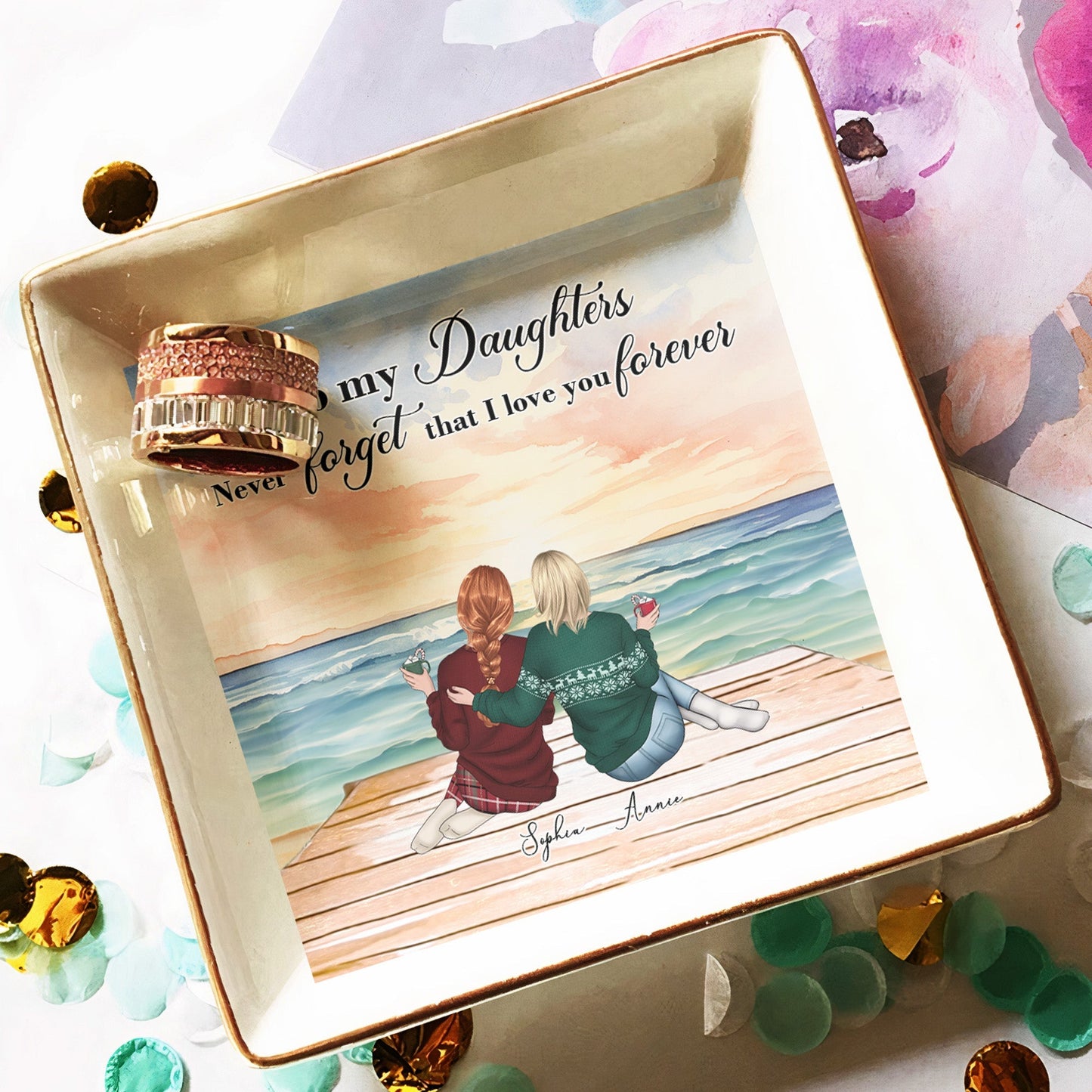 Jewelry Dish with Mother-Daughter Beach Illustration, Heartfelt Keepsake of Love and Affection