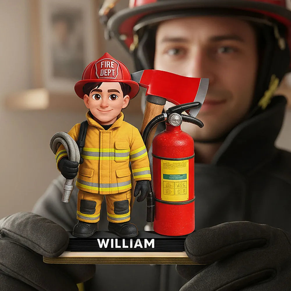 Personalized Firefighter 2-Layer Wooden Plaque with Fire Axe and Extinguisher Desk Decor Unique Gift for Firefighters