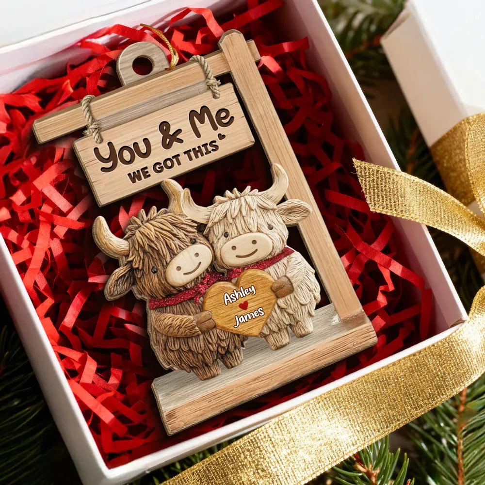 Wooden Ornament with Sweet You & Me Message, Cute Cow Couple Holding Heart, Personalized Holiday Decor Gift