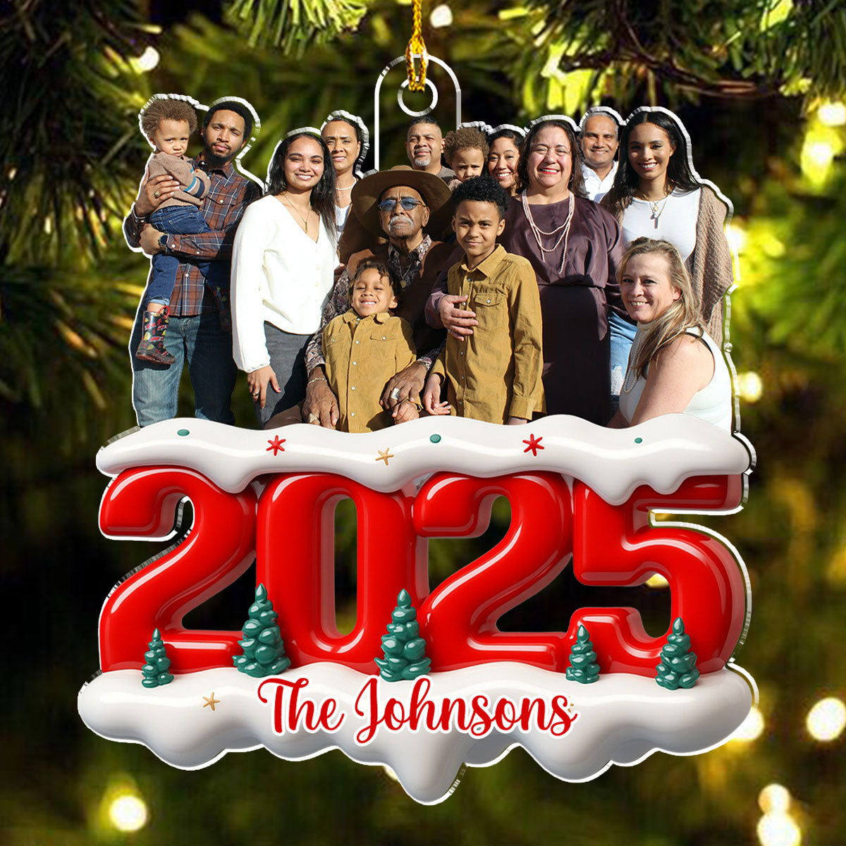 Acrylic Ornament with Custom Photo, Snowy Red Number for Christmas Tree Decor β a unique gift for family or parents