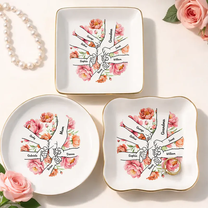 Personalized Jewelry Dish with Hand In Hand Floral Design, Sweet Vanity Decor, Unique Gift for Mom or Grandma