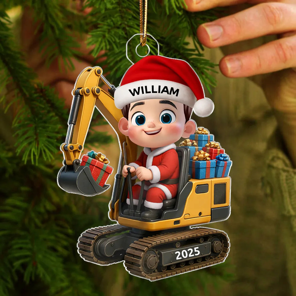 Christmas Acrylic Ornament with Cute Excavator and Santa Kid β Festive Decoration & Perfect Gift for Children