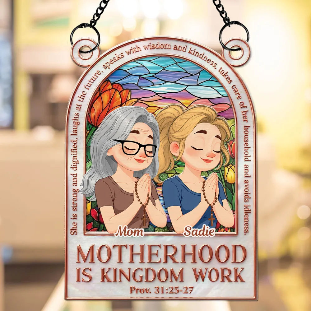 Wood and Acrylic Layered Ornament Personalized for Mom, Motherhood Is Kingdom Work Quote, Sweet Faith Filled Gift With Warm Color