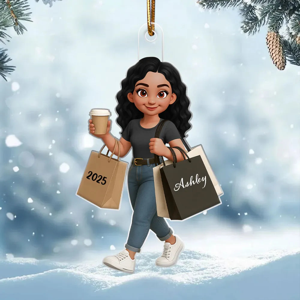 Ornament - Personalized Cute Shopper with Coffee, Cartoon, Easy to Hang, Unique Gift for Best Friend or Daughter