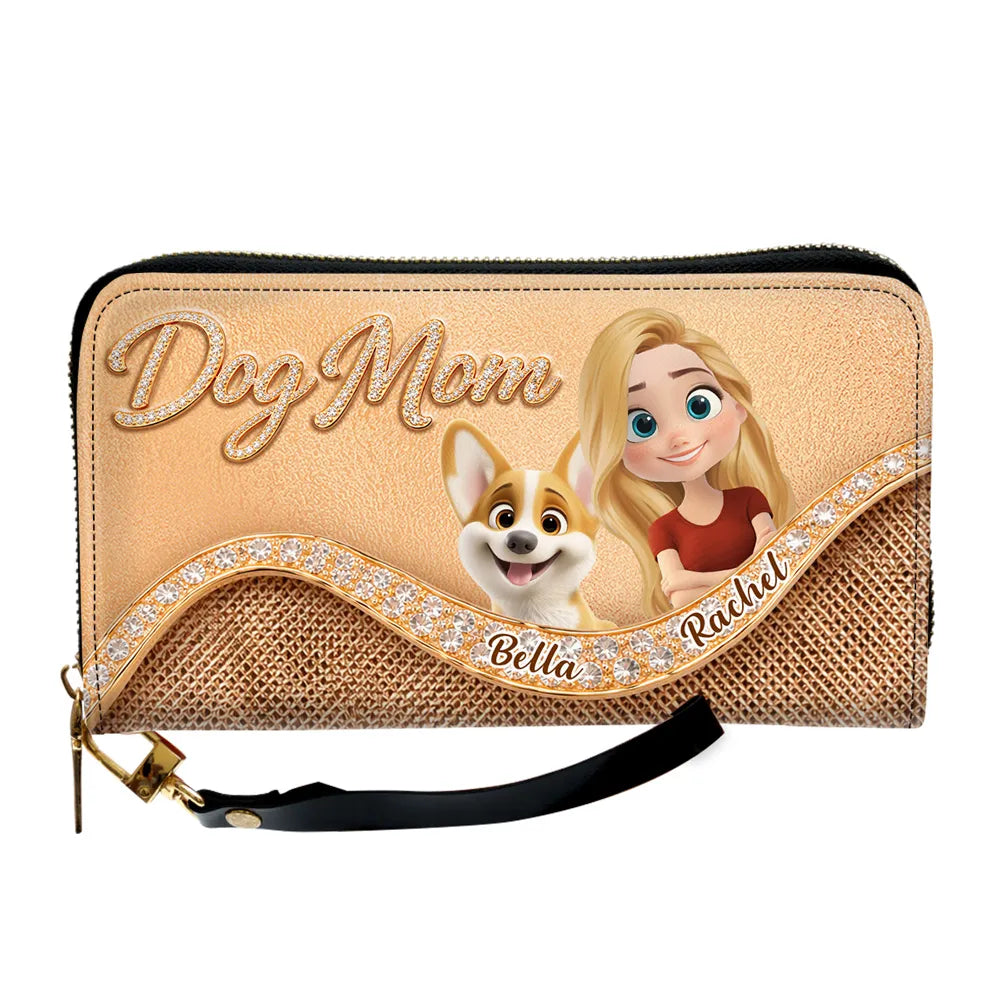 Personalized Dog Mom Leather Long Wallet, Custom Cartoon Woman & Puppy, Sleek Daily Carry, Unique Gift for Her