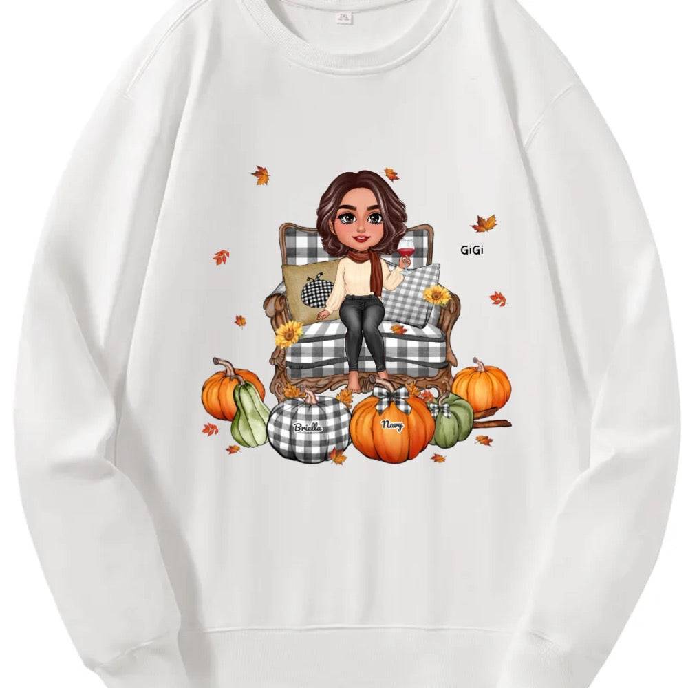 Grandma Sitting On Chair Kids Pumpkins Personalized T-Shirt/Sweatshirt/Hoodie