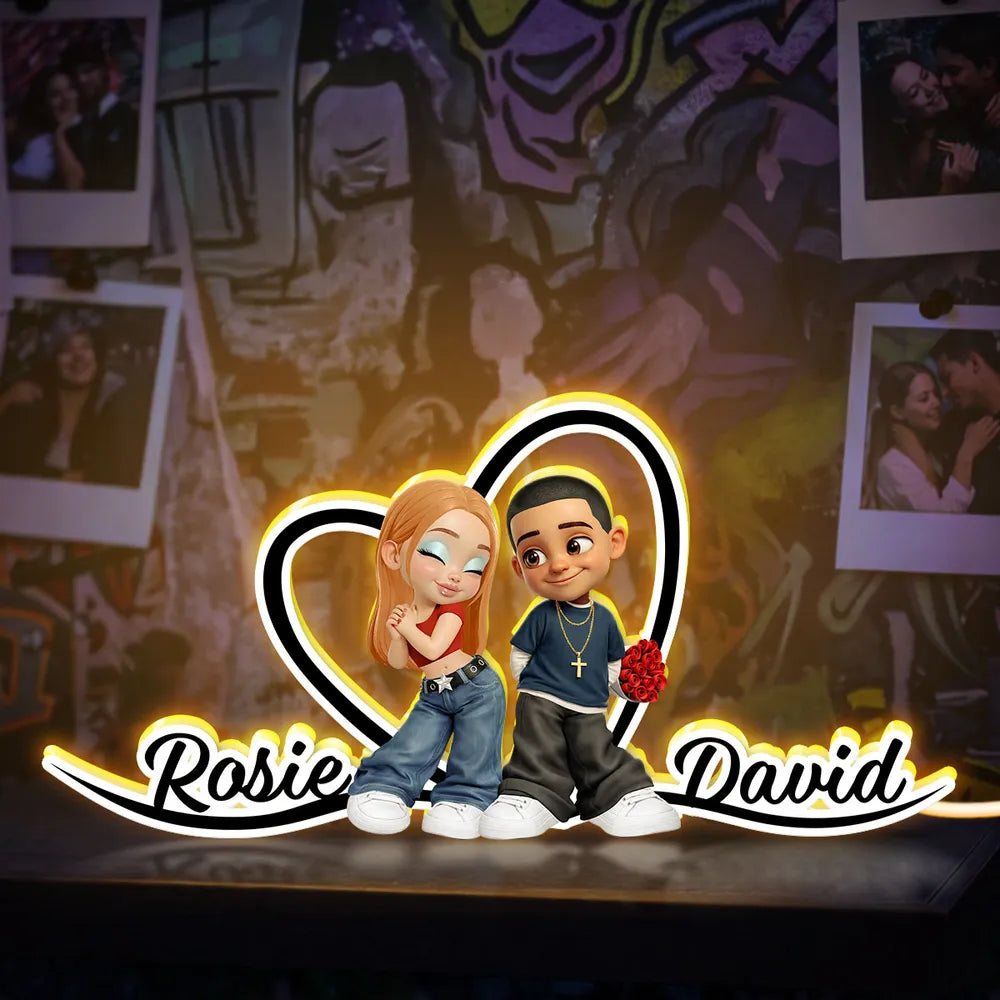Personalized Couple Heart Acrylic Light Box, Y2K Cartoon Look for Bedroom Shelf Decor, Unique Romantic Gift for Him or Her
