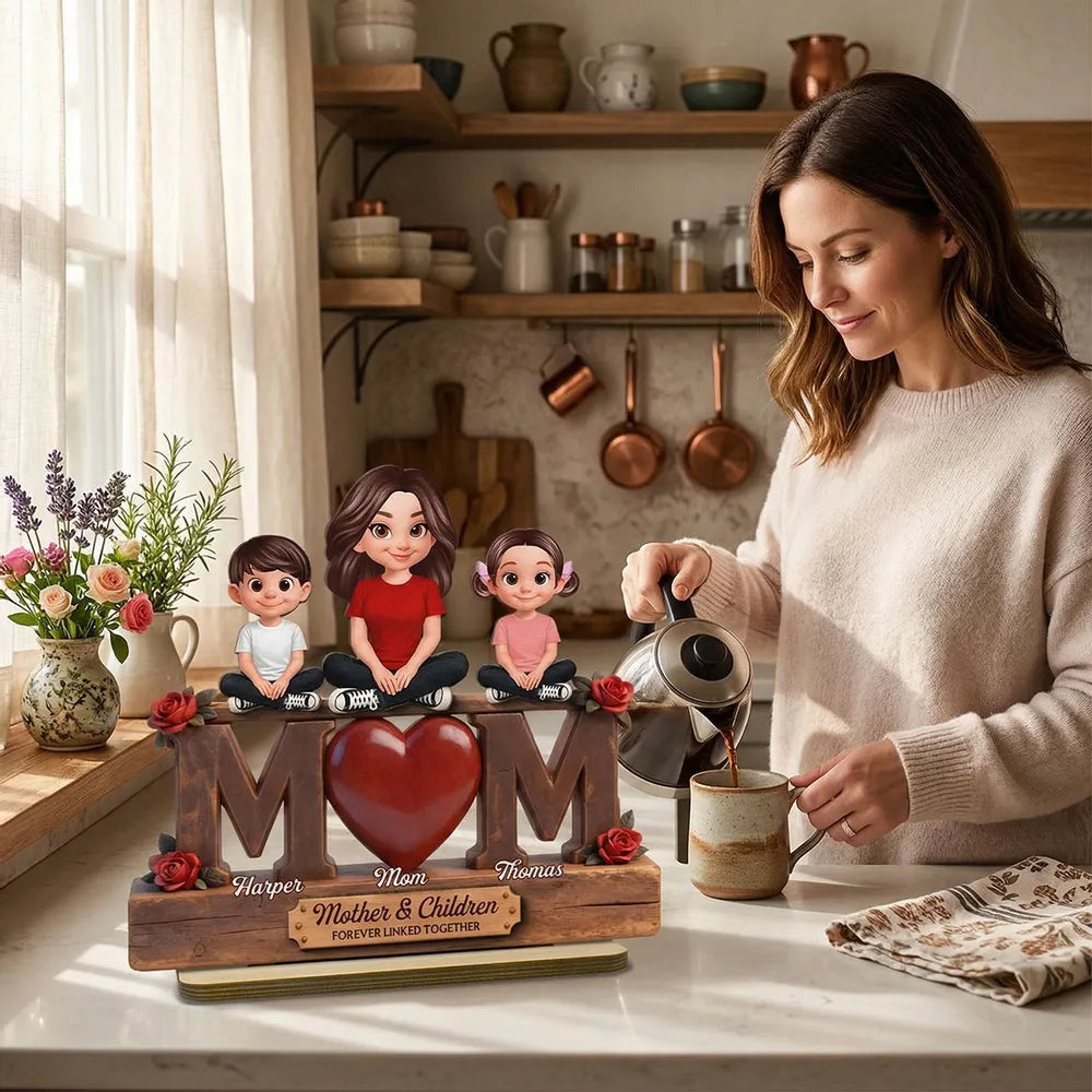 Personalized 2-Layer Wooden Plaque MOM Heart With Sitting Mother and Daughters Roses - Unique Gift for Mom