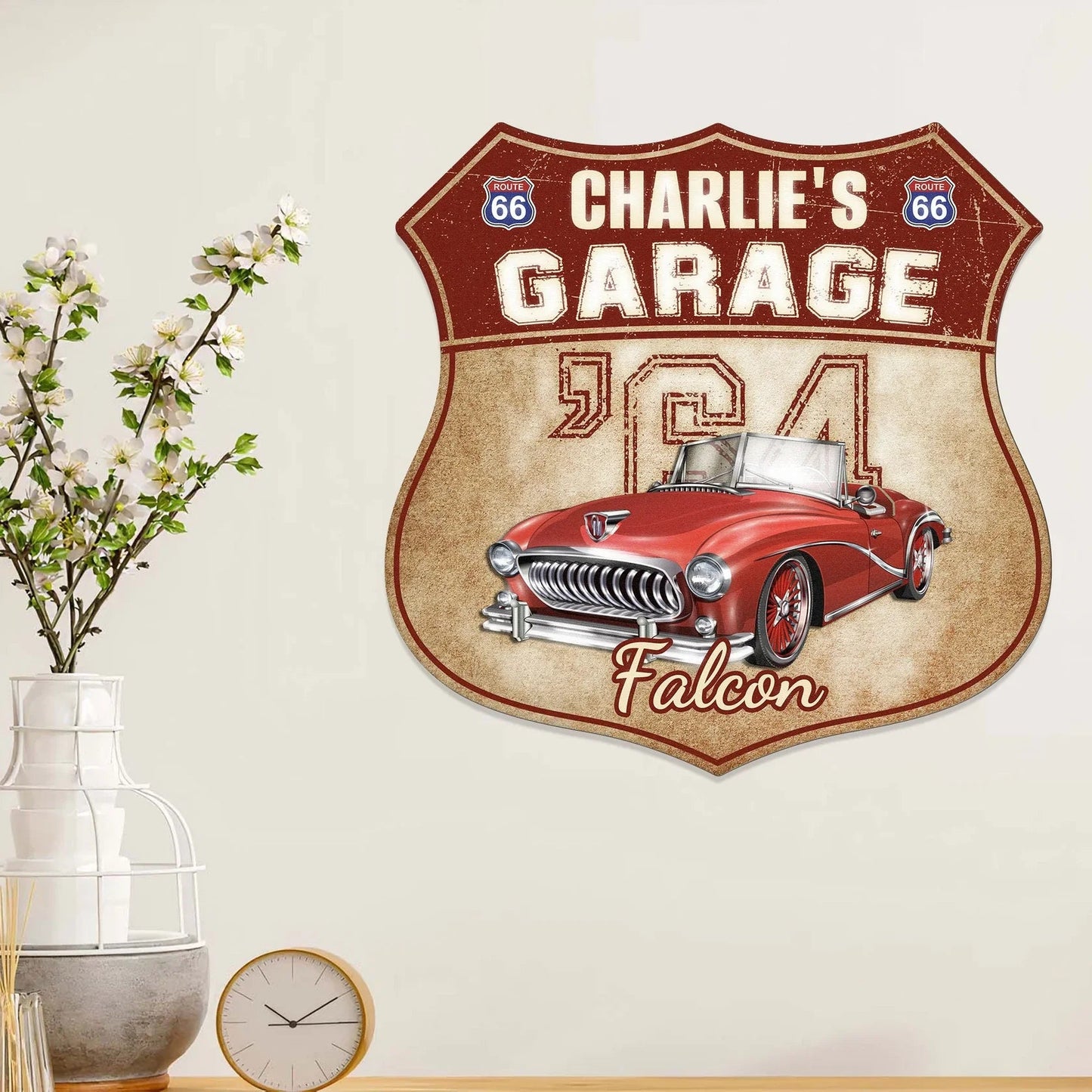 My Garage My Car Personalized Shaped Metal Sign, Vintage Route 66 Style With Classic Convertible, Unique Gift for Dad