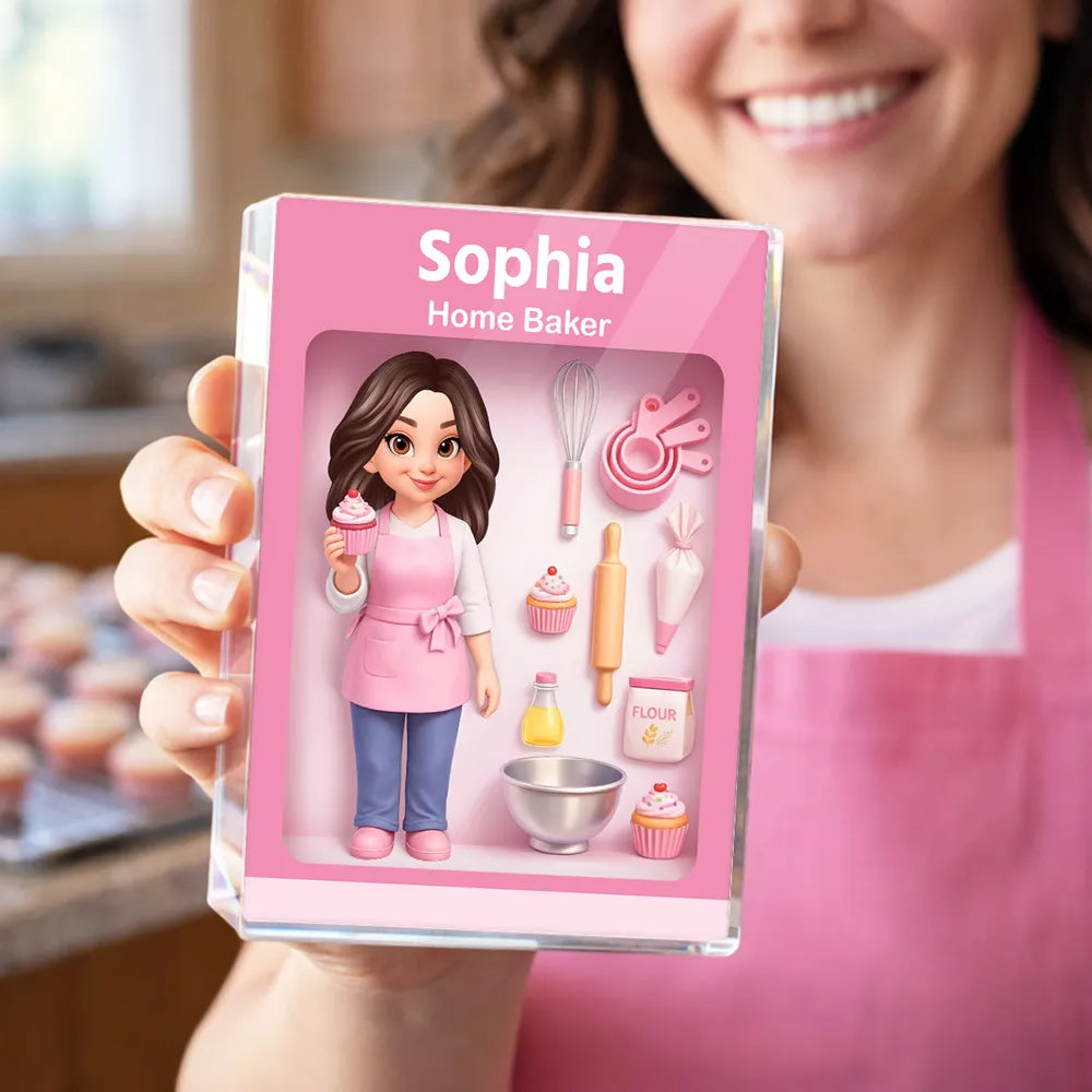 Personalized Home Baker Rectangle Acrylic Block Plaque for Kitchen Desk Decor, Sweet Pink Baking Scene, Unique Gift for Bakers