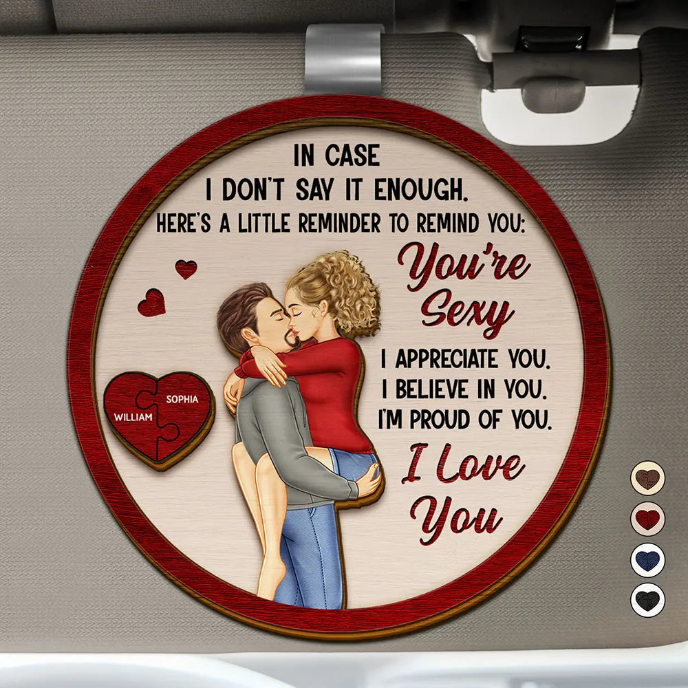 Wooden Car Visor Clip with Romantic Hug Illustration, Heartfelt Words of Love, Perfect Gift for Couples