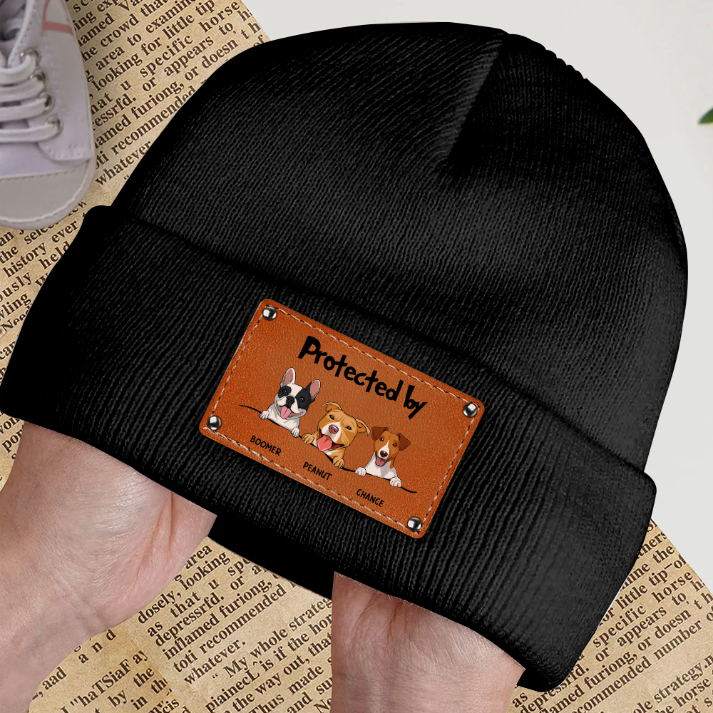 Personalized 'Protected by' Knit Hat with Dog Illustration, Customizable for Loved Ones