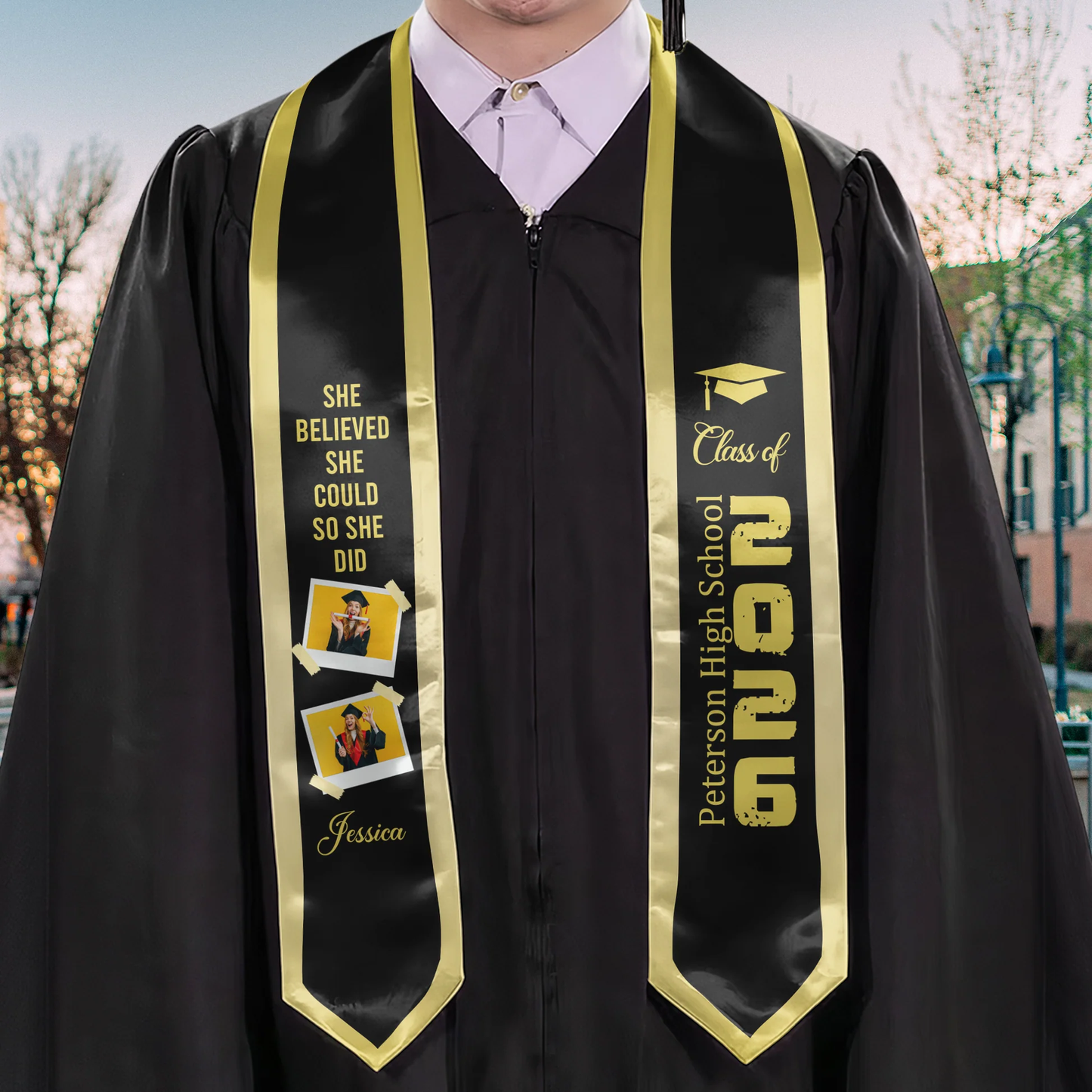 Class of Graduation Polyester Satin Stole, Personalized Photo Keepsake With Cap Icon, Meaningful Gift for Grad