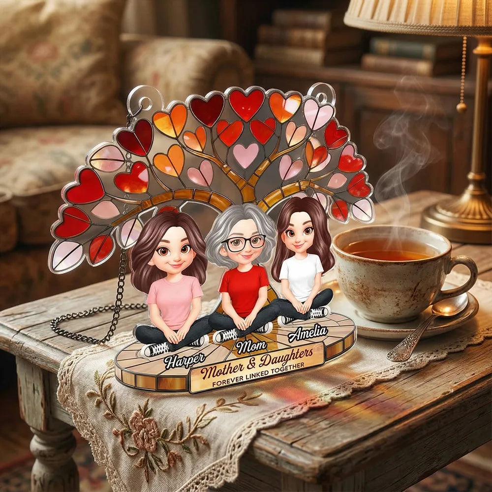 Personalized Acrylic Suncatcher Ornament Mother & Daughters Heart Tree Window Decor, Unique Gift for Mom