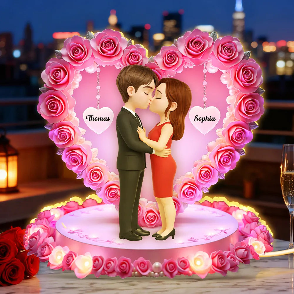 Personalized Acrylic Light Box Kissing Couple in Rose Heart Night Light for Bedroom Warm Glow Unique Gift for Her or Him