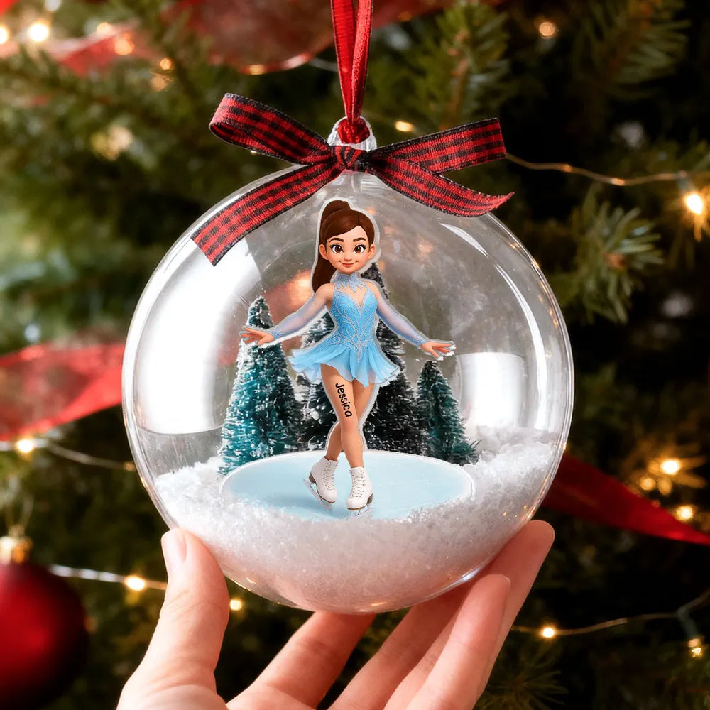 Snow Globe Ornament with 3D Christmas Trees & Figure Skater - Unique Gift for Daughters or Granddaughters