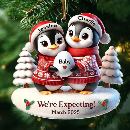 Custom Penguin Couple Acrylic Ornament for Parents-to-Be, Heartwarming Holiday Keepsake and Creative Baby Reveal Gift