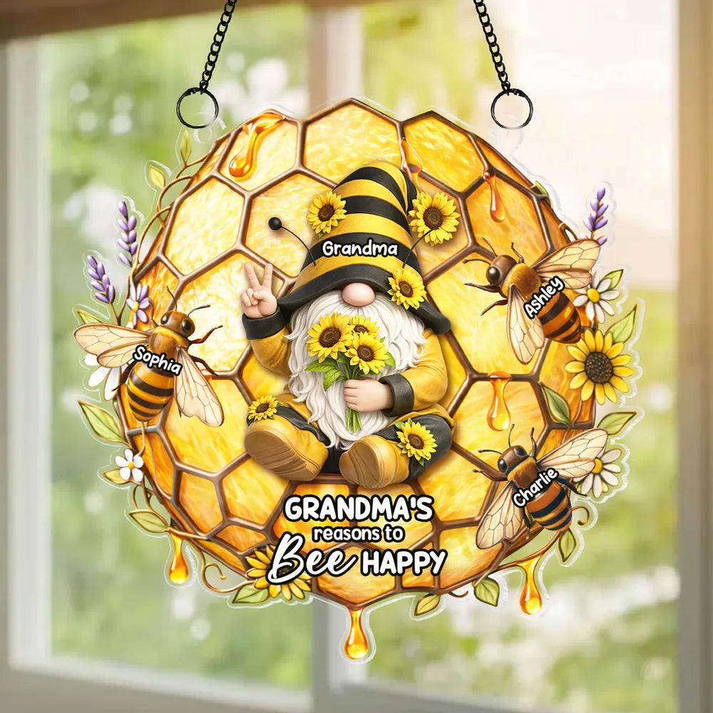 Acrylic Suncatcher Ornament With Cute Gnome Bees and Sunflowers Bright Window Decor A Sweet Personalized Gift For Grandma