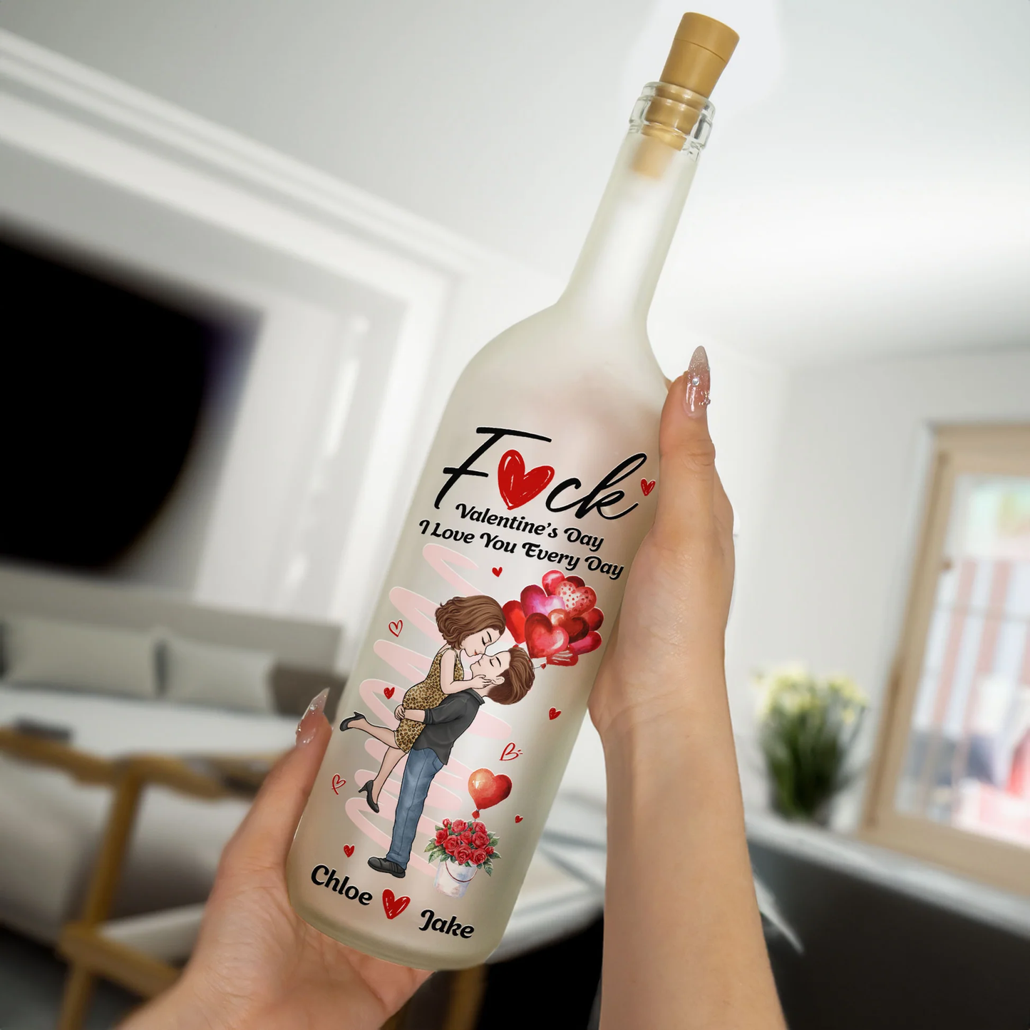 Personalized Bottle Lamp with Kissing Couple & Heart Balloons, Romantic Bedroom Decor, Unique Creative Gift for Couples