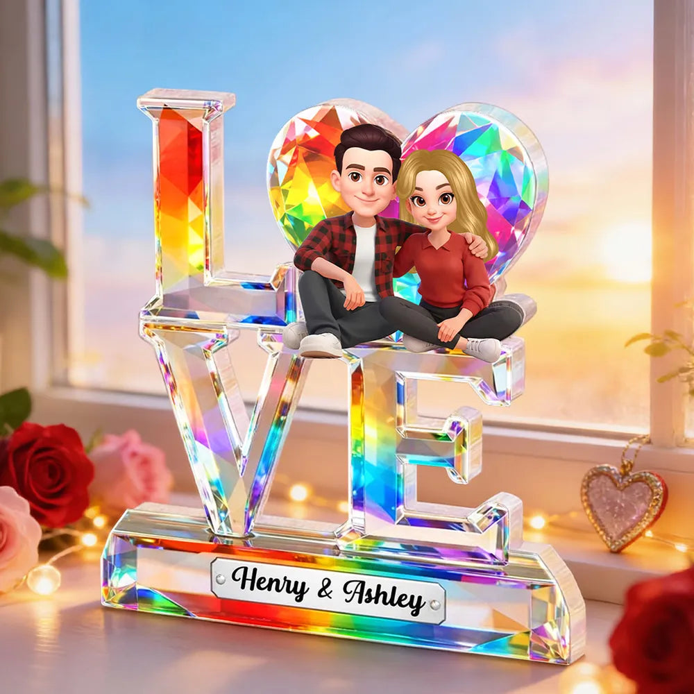 Personalized Shaped Acrylic Block Plaque LOVE with Heart & Cute Couple Sitting - Unique Valentine's Gift for Him or Her