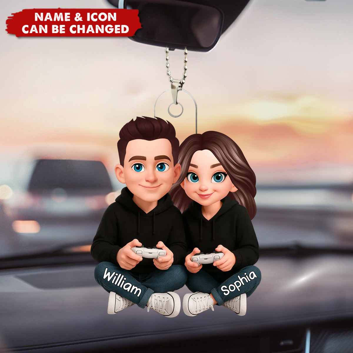 Personalized Acrylic Car Hanger Cute Gamer Couple Cartoon Car Mirror Decor Unique Gift for Couples, Sweet Daily Reminder