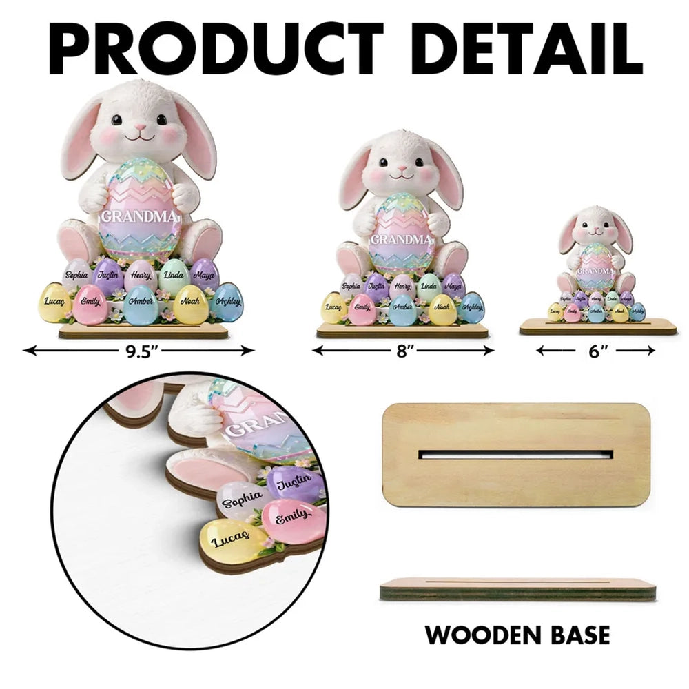 2-Layer Wooden Plaque Personalized for Grandma - Cute Bunny with Pastel Eggs Easter Decor, Heartwarming Custom Gift